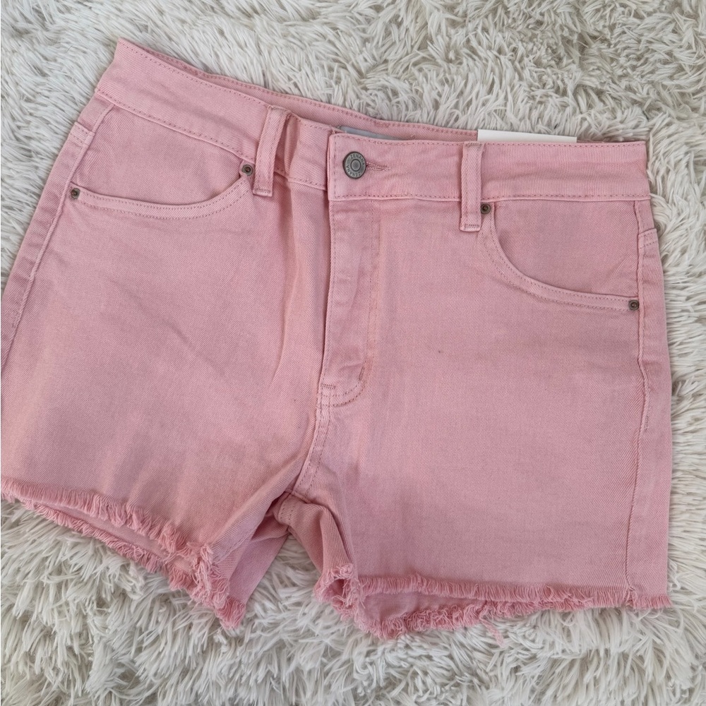 Zenana Cutoff Pink Fringe Frayed Denim Shorts Frayed Him Pink Stretch